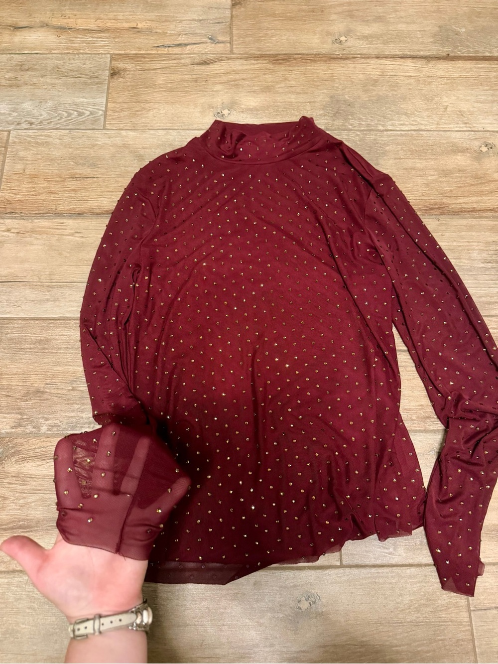 Skies Are Blue Burgundy Long-Sleeve Studded Mesh Top